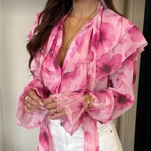 Chic Pink Floral Ruffle Blouse